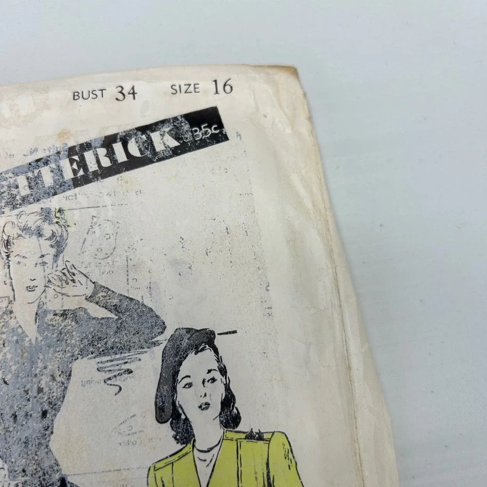Butterick Vintage 1940's or 50's Pattern #2859 Women's Jackets 2 Lengths Size 16